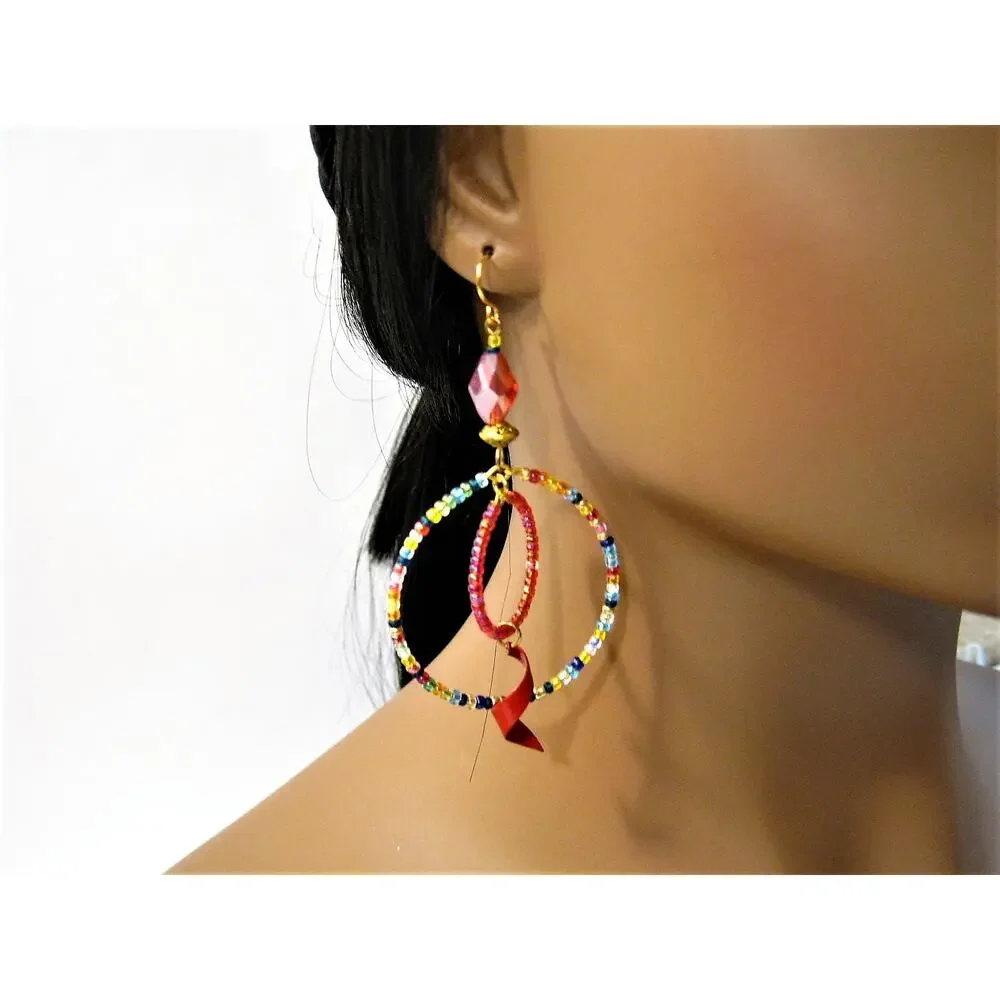 Set of Handcrafted BOHO style Glass Beaded Hoop and Chandelier Drop Earrings